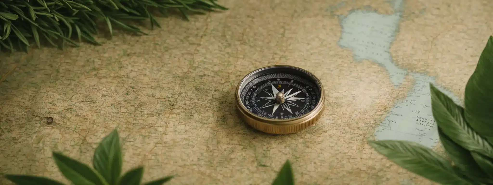 A Compass Resting On A Map, With Lush Greenery And A Clear Path Symbolizing The Journey Of Keyword Research Leading To Enhanced Visibility.