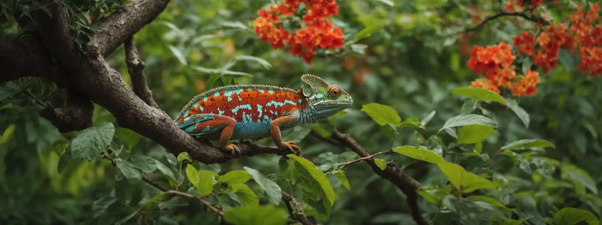 A Chameleon Perches On A Branch, Its Colors Blending With The Vibrant, Changing Scenery Of A Lush Garden.