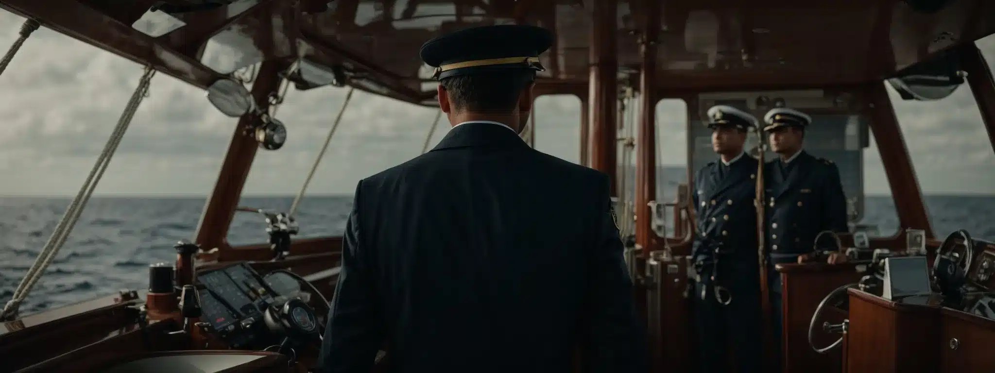 A Captain Stands At The Helm Of A Ship, Eyes Set On The Horizon With Sophisticated Navigational Instruments Guiding The Way.