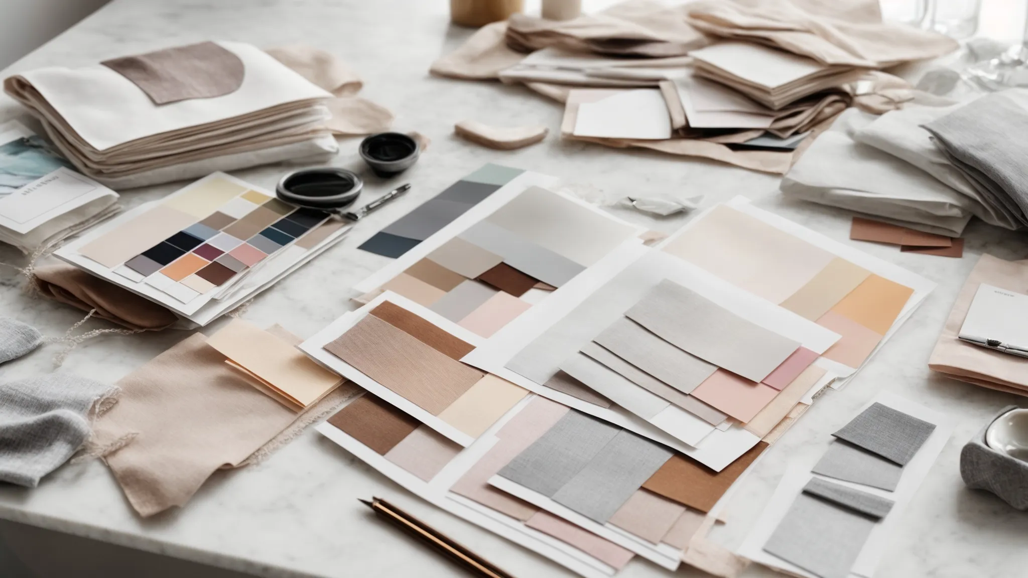 A Mood Board Covered With Fabric Swatches, Color Palettes, And Design Sketches Lies On A Sleek White Table, Surrounded By Creative Tools, Embodying The Essence Of Brand Differentiation.