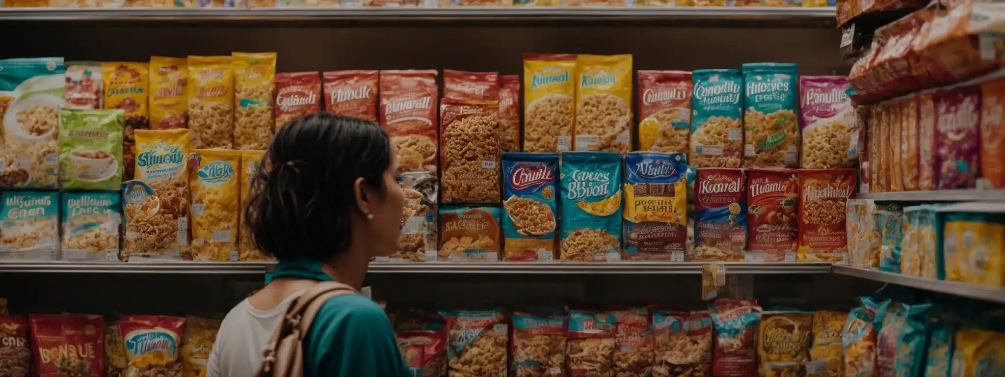 A Shopper Stands In Front Of A Vibrant Cereal Display, Reaching For A Boldly Designed Box That Stands Out Among The Rest.