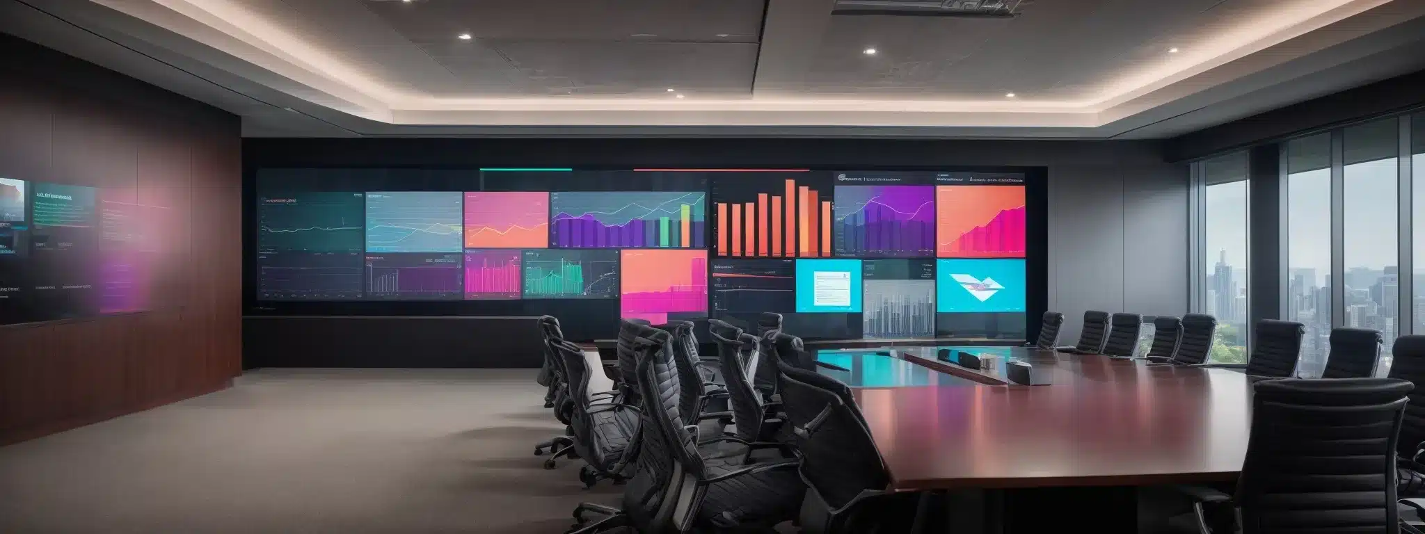A Corporate Meeting Room With A Large Digital Screen Displaying Colorful Graphs And Marketing Statistics.