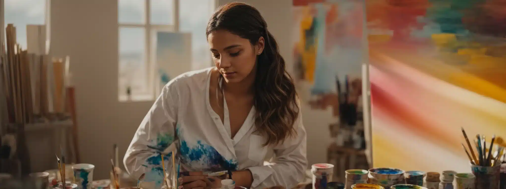 A Painter Thoughtfully Blending Colors On A Vibrant Canvas In A Sunlit Studio, Symbolizing The Art Of Crafting A Brand Narrative.