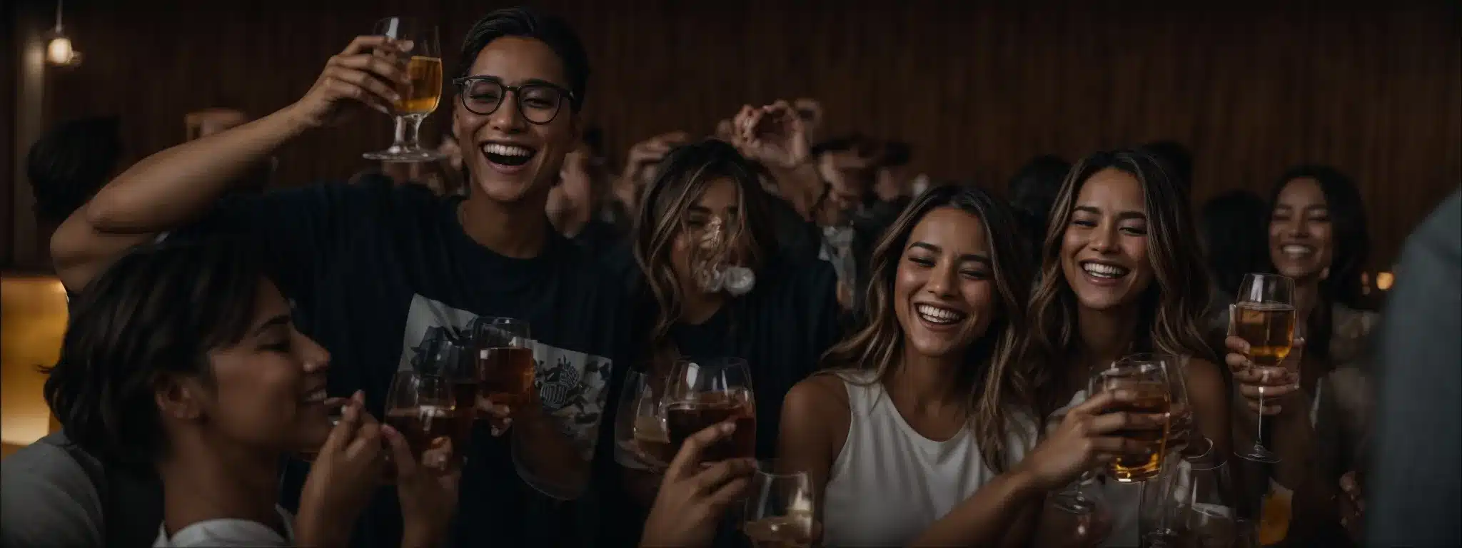 A Group Of Smiling People Wearing Branded Apparel Clinking Glasses In A Celebratory Toast.