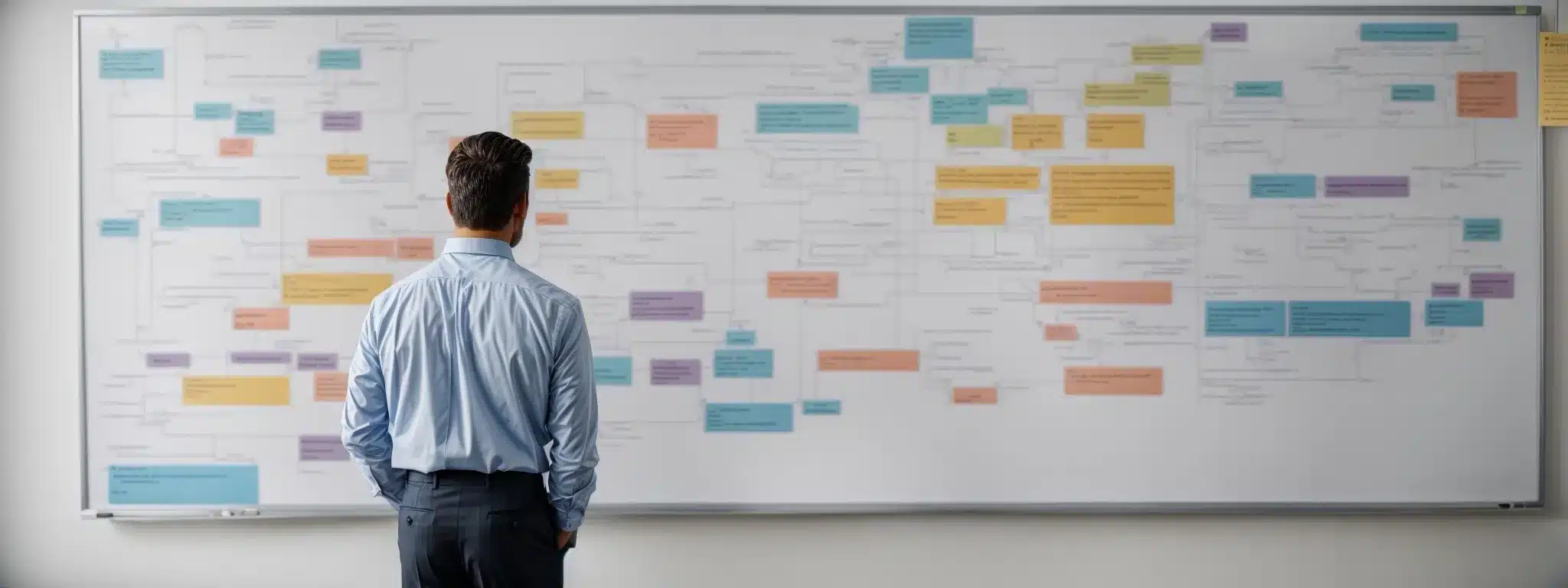 A Businessman Stands Before A Colorful Flowchart On A Whiteboard, Representing Different Customer Groups.