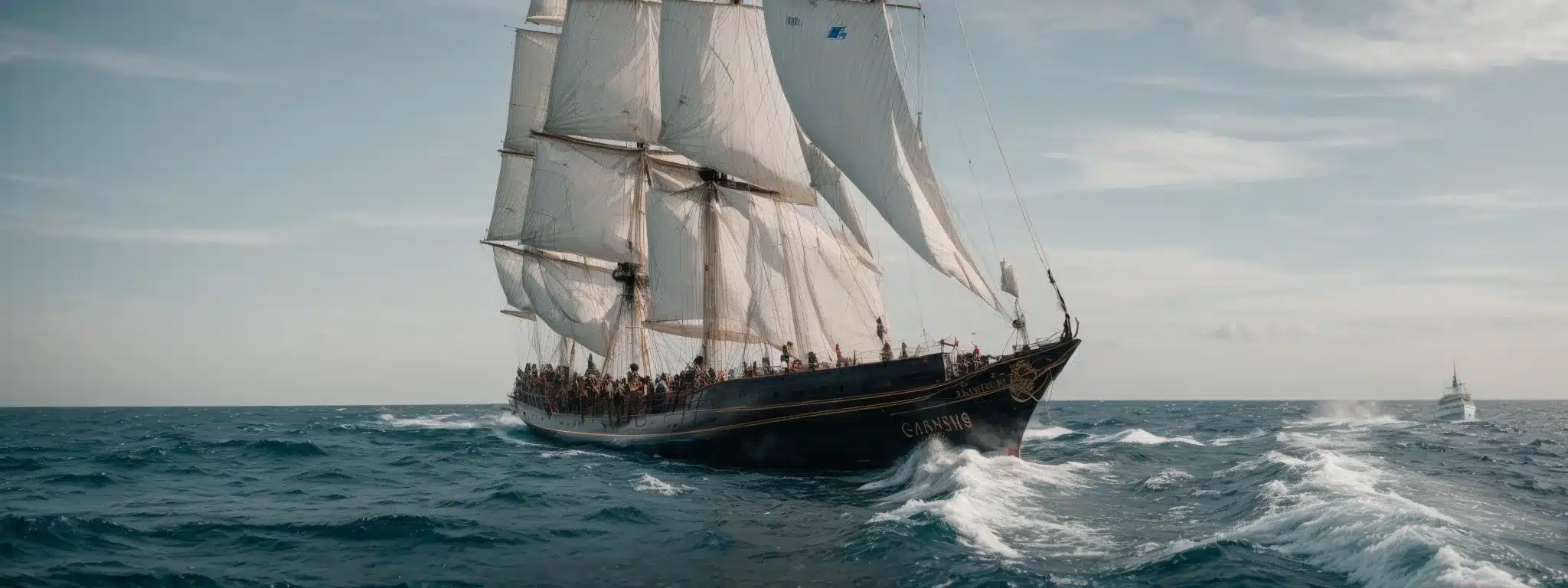 A Captain Confidently Steering A Large Sailing Ship Across A Calm Sea, With A Crew Efficiently Working In Harmony Around Him.