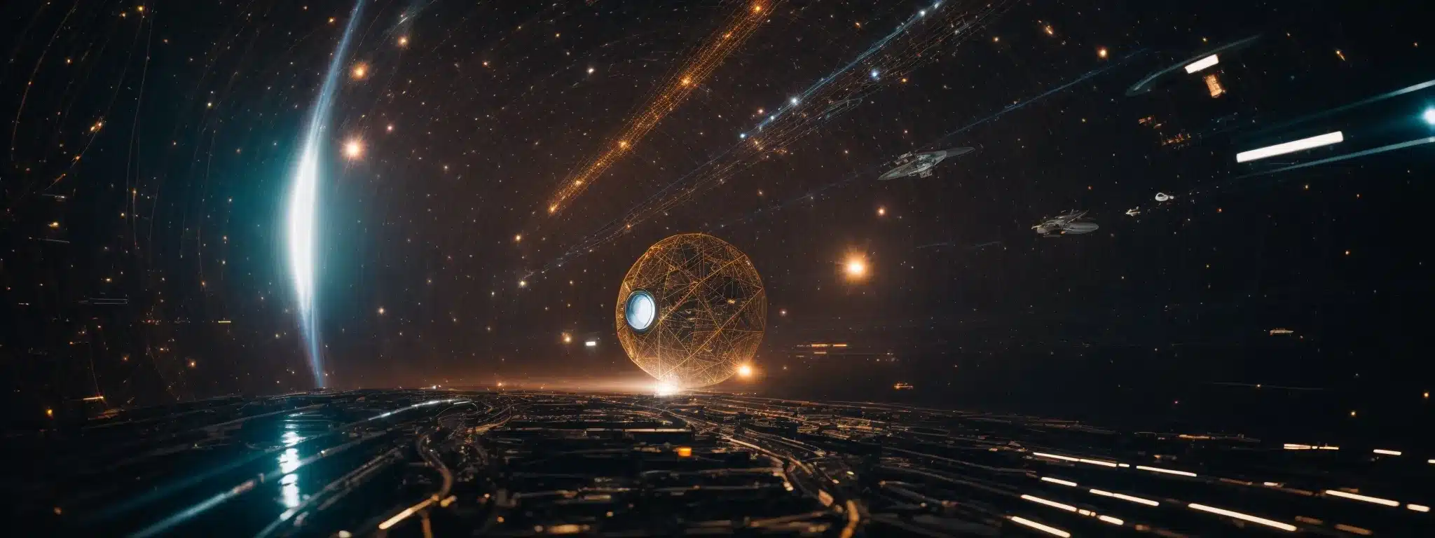A Spacecraft Traveling Through A Network Of Illuminated Pathways Connecting Different Planets And Stars.