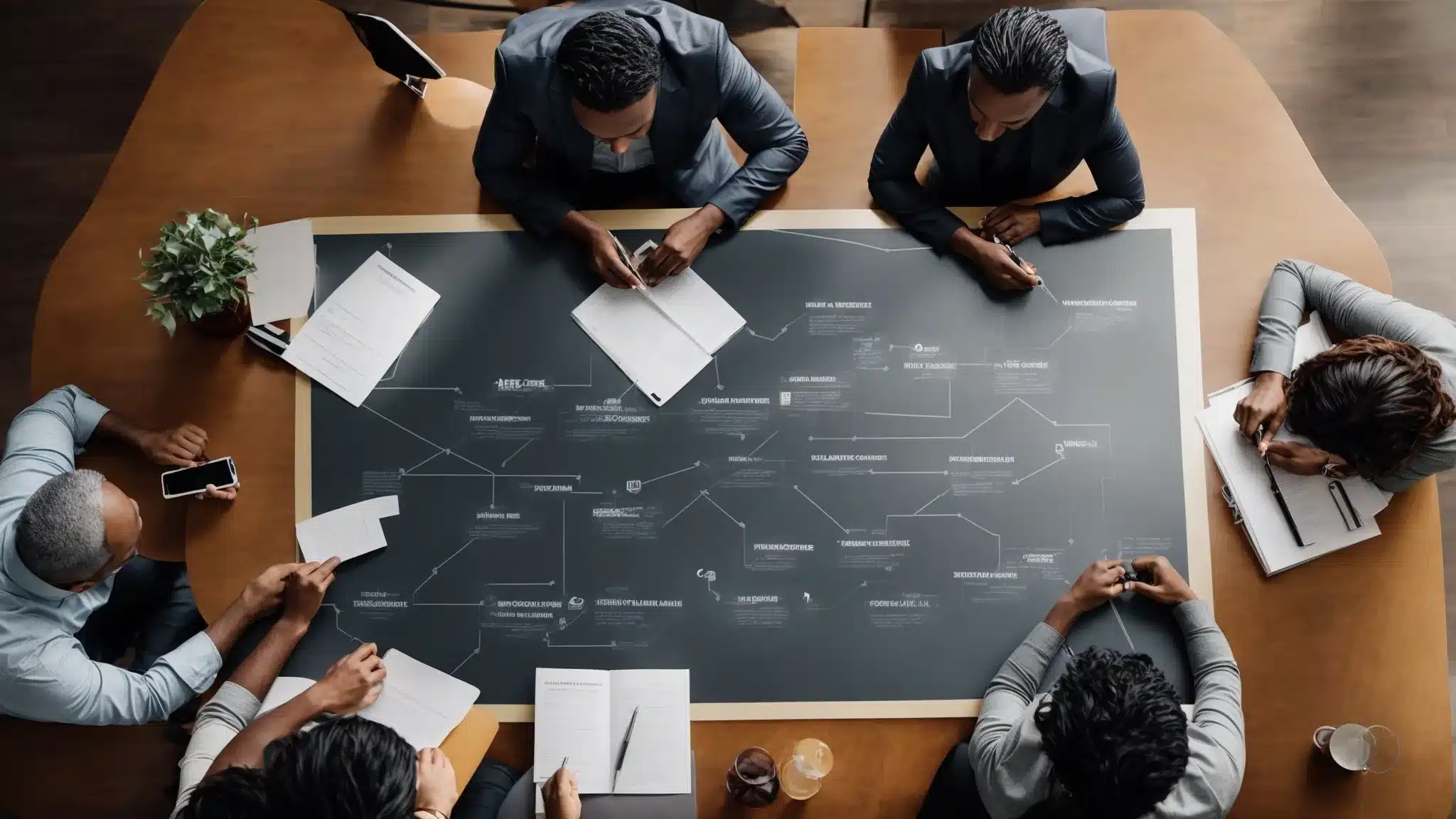 A Dynamic Team Gathers Around A Conference Table, Brainstorming Over A Large Flowchart Depicting Various Interconnected Marketing Channels.