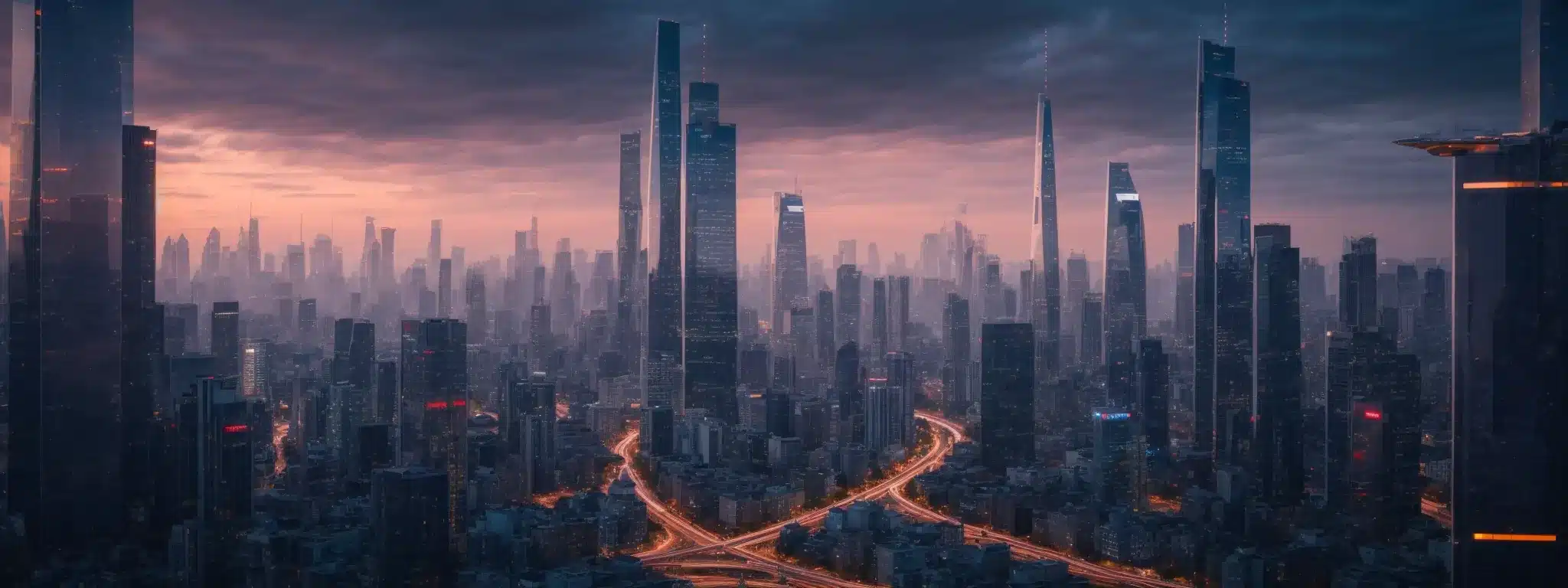 A Futuristic City Skyline At Twilight, Mirroring The Innovative Blend Of Technology And Consumer Trends That Shape Brand Strategies.