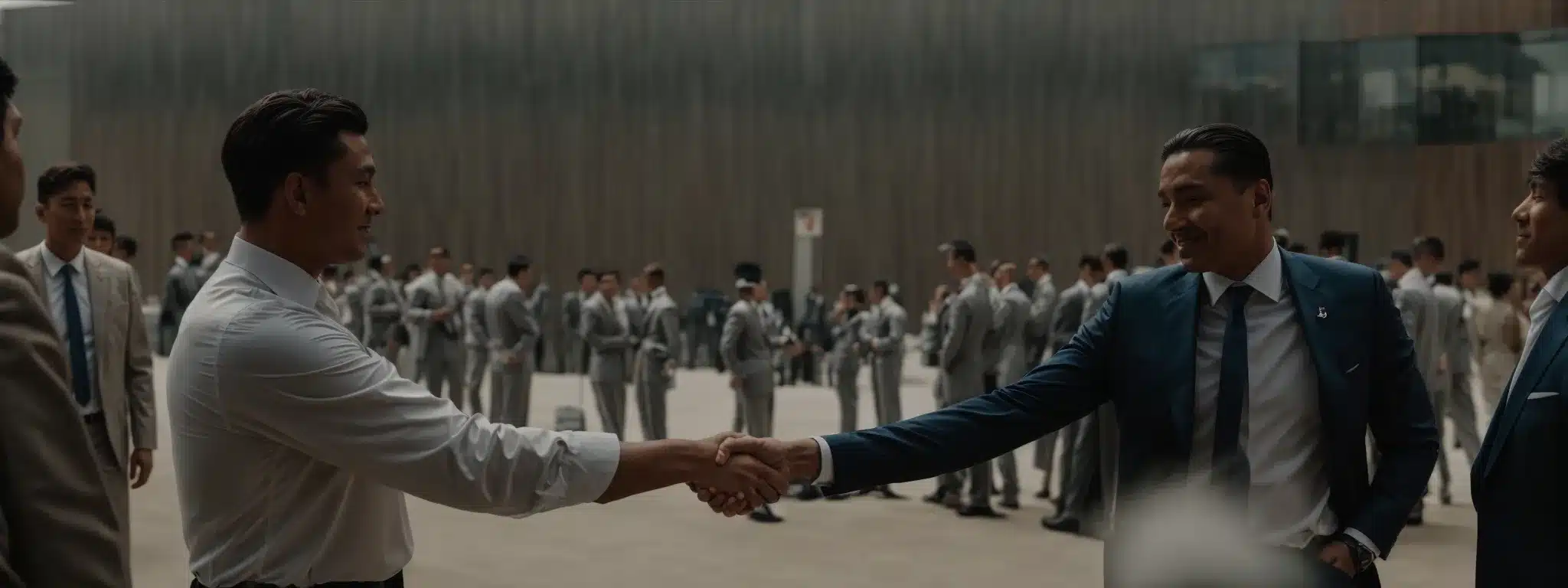 Two Executives Shaking Hands In Front Of Their Teams, Symbolizing A New Partnership.