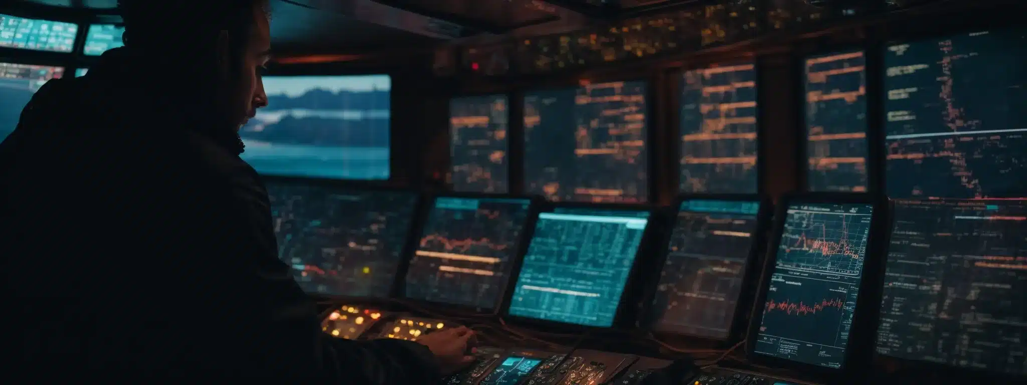 A Captain Stands At The Helm Of His Ship, Eyes Fixed On A High-Tech Navigation Panel Ablaze With Colorful Data Charts.