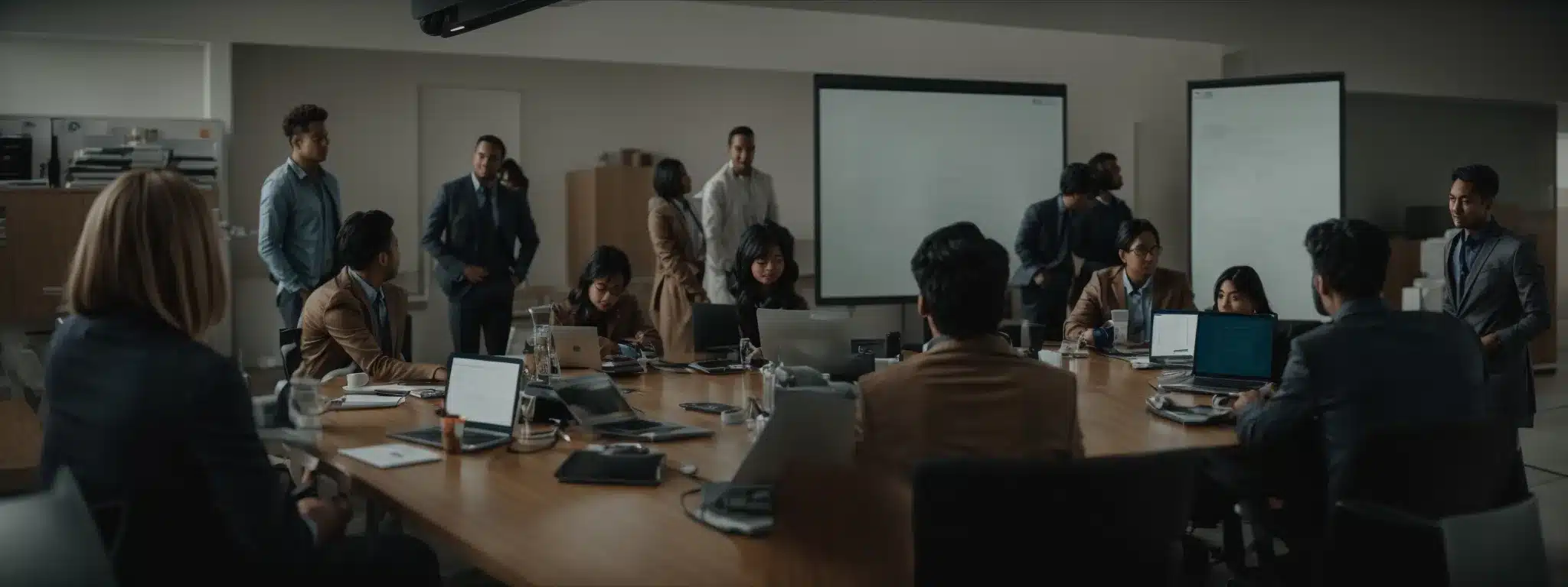 A Team Gathered Around A Conference Table, Enthusiastically Discussing Over Laptops And Digital Devices, With A Clear Whiteboard In The Background.