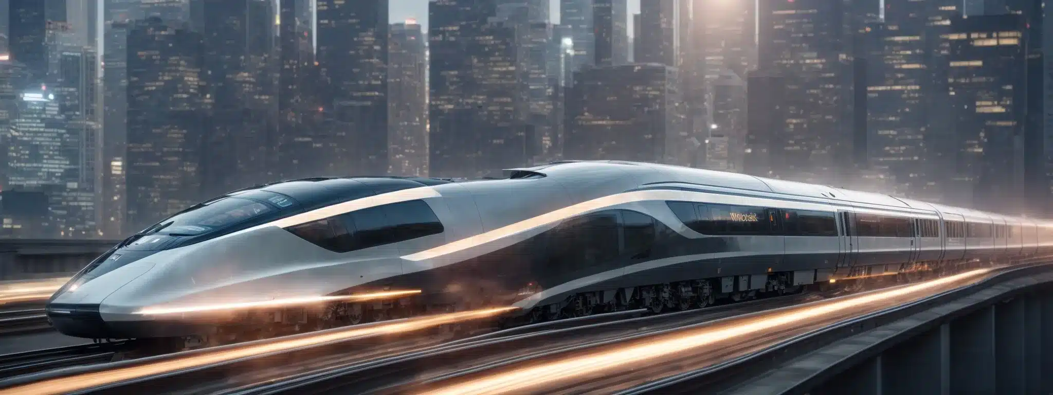 A Sleek High-Speed Train Whooshes Through A Futuristic Cityscape, Symbolizing The Acceleration And Efficiency Of Wordpress Performance Tuning.