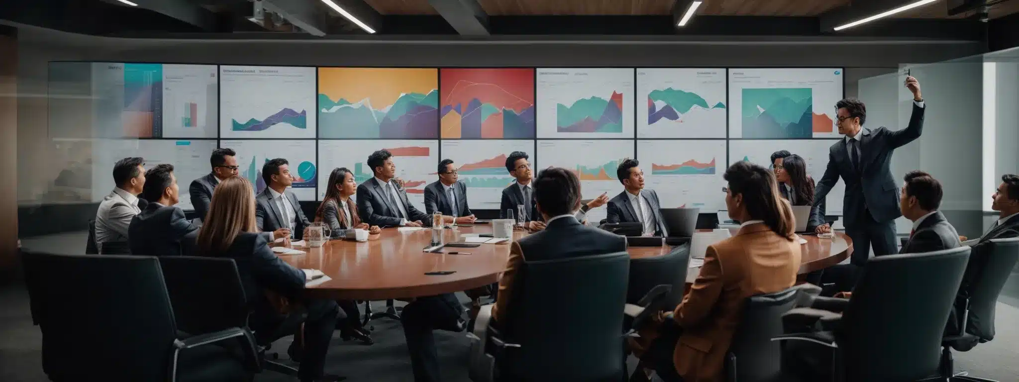 A Boardroom With Enthusiastic Professionals Discussing Over A Large Screen Displaying Vibrant Marketing Graphs.