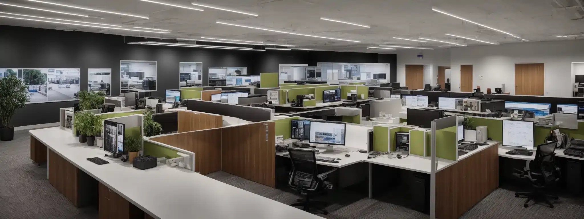 Visualize A Bustling Marketing Agency Office With An Open-Space Layout, Where A Central, Prominent Computer Screen Displays An Active Crm Dashboard Coordinating Workflows And Client Strategies.