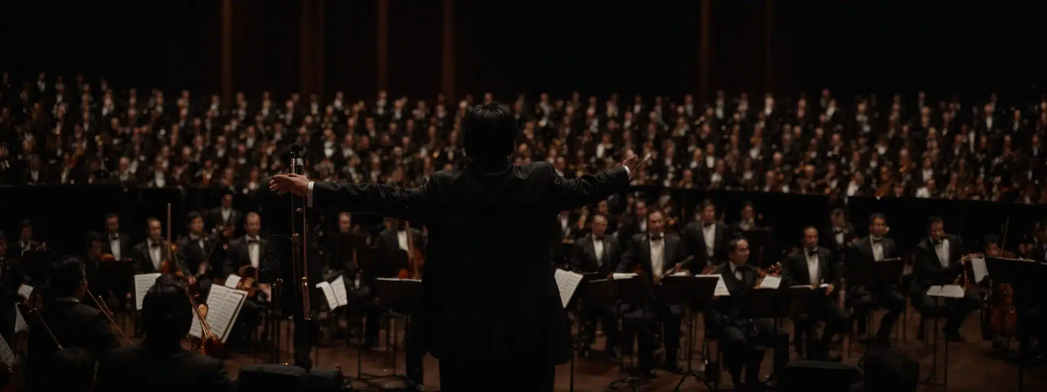 A Conductor Stands Poised With A Baton Over An Orchestra On An Open-Air Stage At Dusk, Symbolizing Strategic Coordination Across Various Platforms.