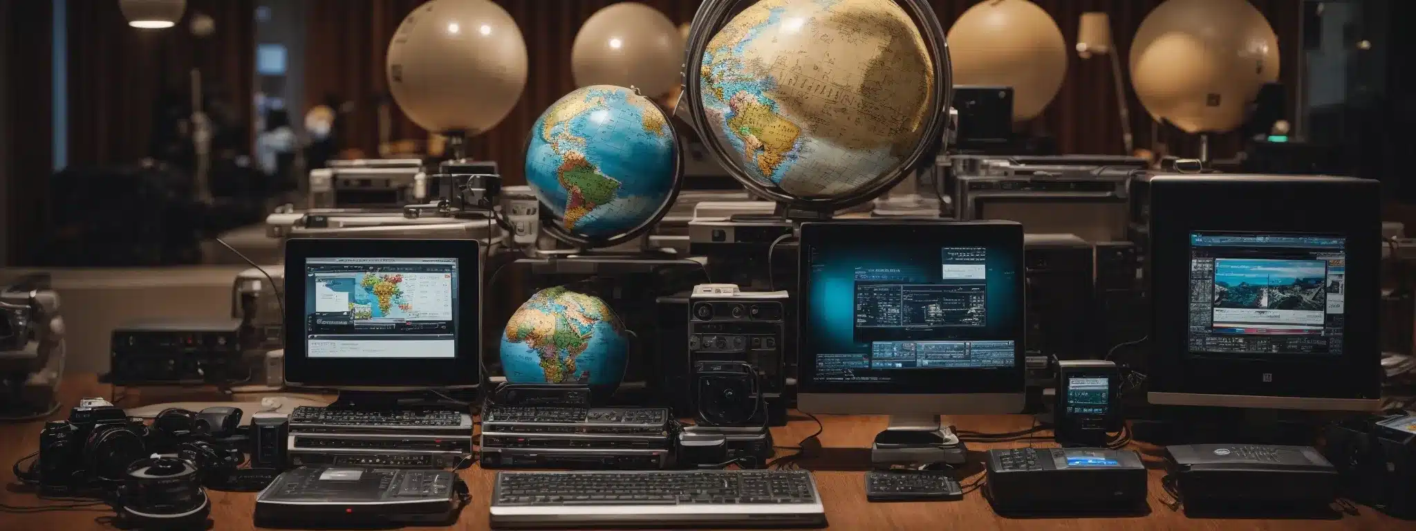 A Globe Surrounded By Various Computer Devices, Symbolizing A Network Distributing Content Worldwide.