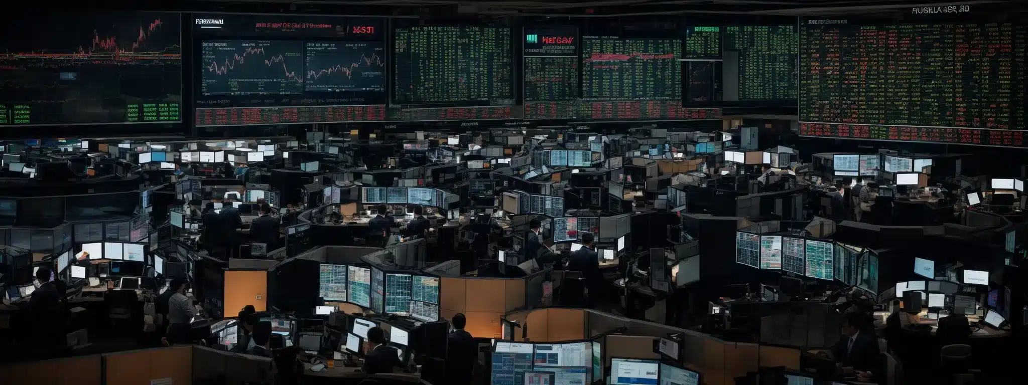 A Bustling Stock Market Trading Floor With Screens Displaying Fluctuating Data Graphs.