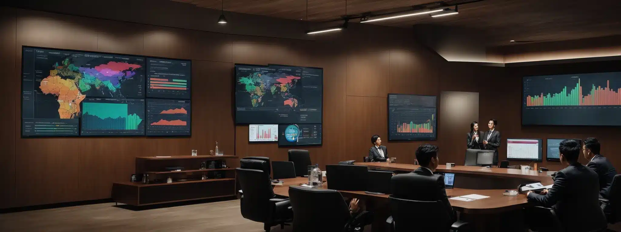 A Strategic Meeting Room With A Large Monitor Displaying Colorful Graphs And Social Media Statistics, Where Marketing Professionals Are Actively Engaged In Discussion.