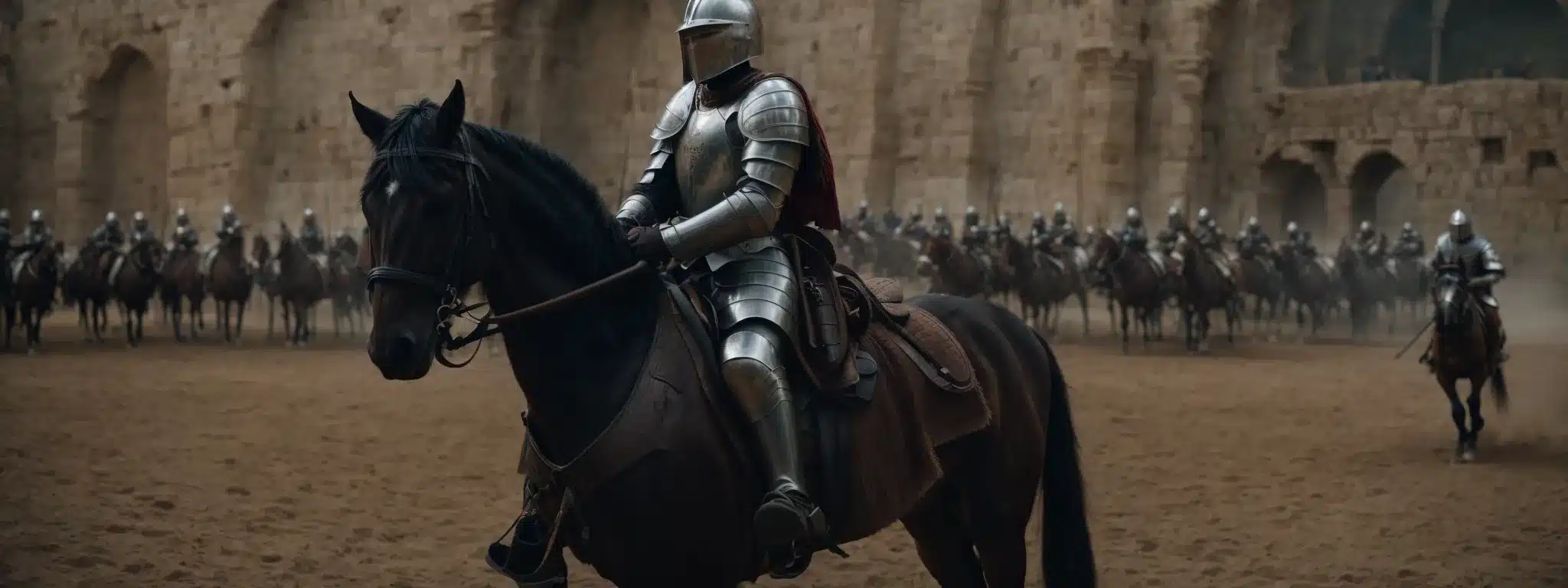 A Knight On Horseback With A Raised Lance Preparing To Charge In An Ancient Arena.
