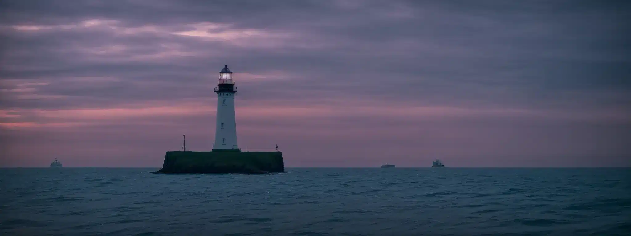 A Lighthouse Stands Firm, Guiding Ships Through The Twilight Sea Towards The Glowing Horizon.