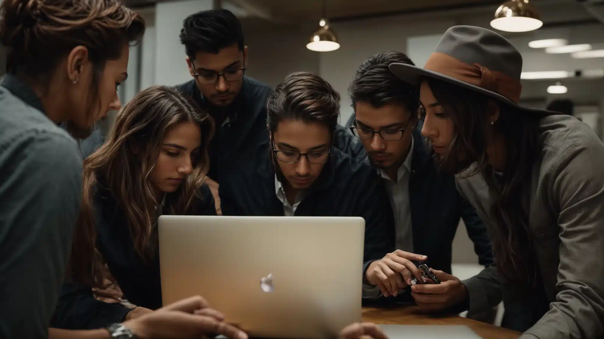 

A Group Of Creative Professionals Gather Around A Laptop, Intently Discussing A Visual Email Campaign.