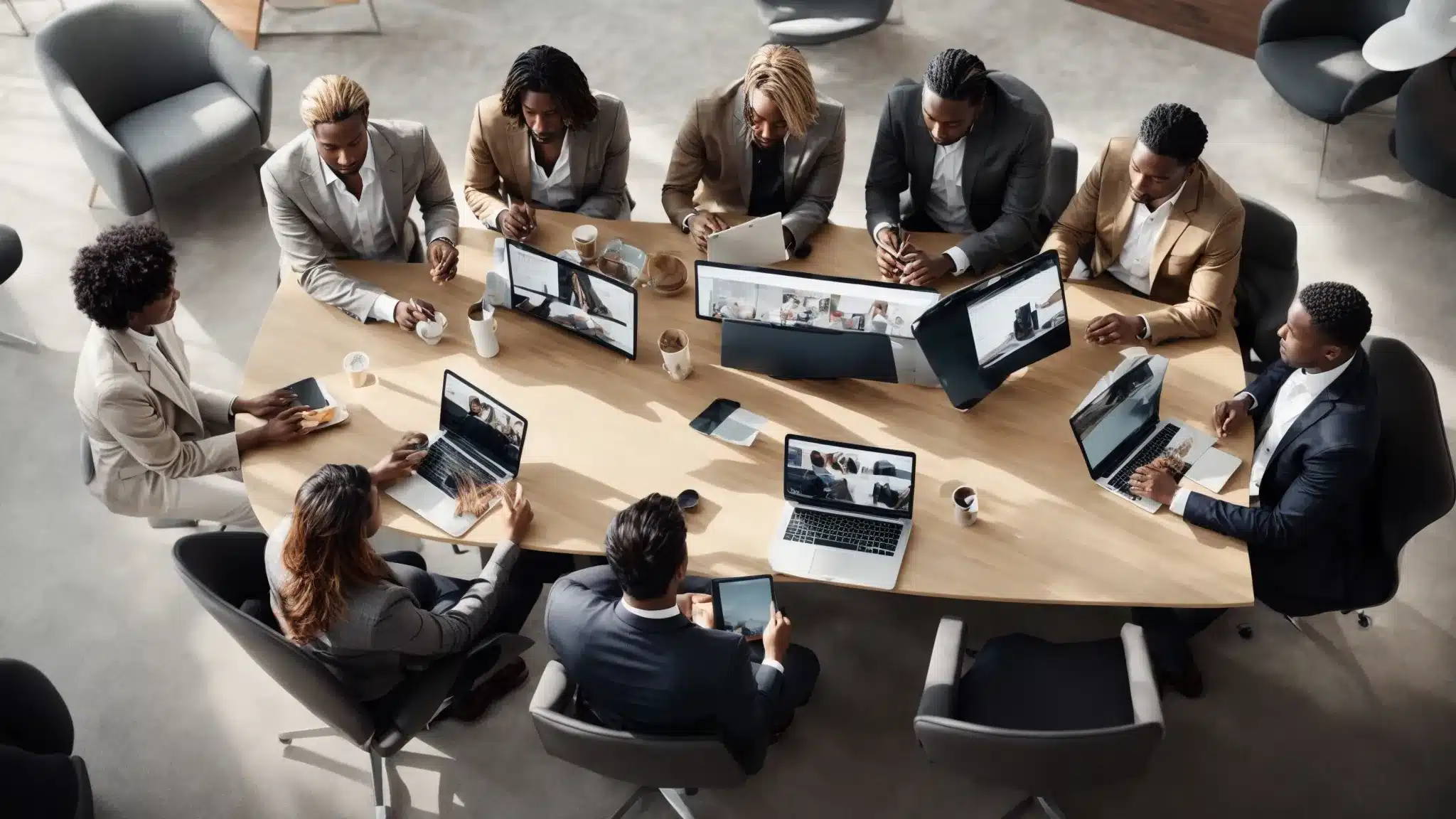 A Diverse Group Of Professionals Gather Around A Modern Conference Table With Digital Devices, Brainstorming Over A Creative Brand Strategy Concept.