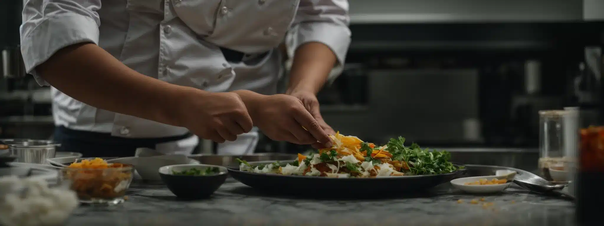 A Chef Carefully Garnishing A Gourmet Dish In A Professional Kitchen Setup.