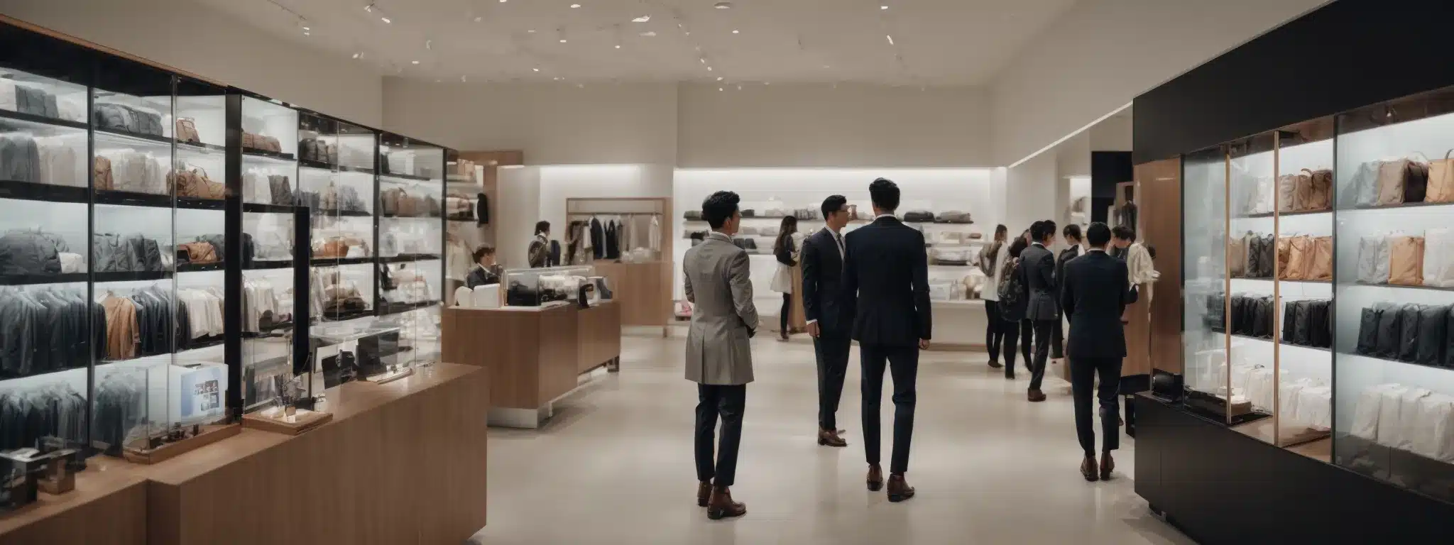 A Ceo At The Helm Of A Sleek Retail Store, Greeting Diverse Customers With A Glowing, Interactive Display That Adapts To Individual Preferences.