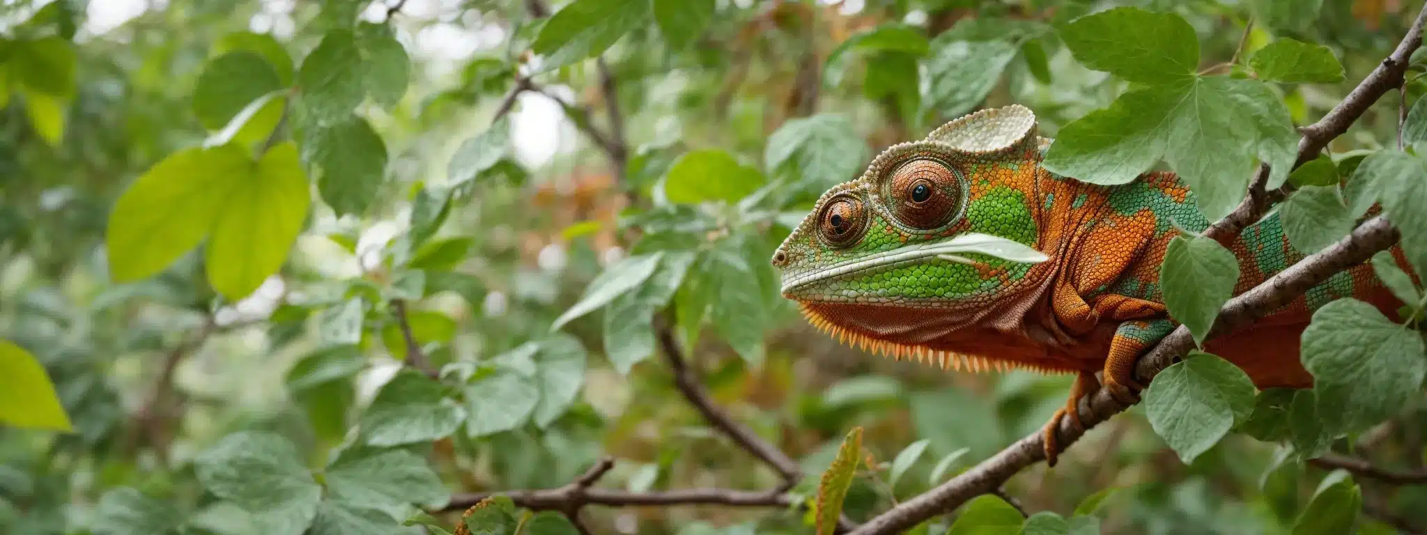 A Chameleon Perched On A Branch, Its Colors Blending Seamlessly With The Surrounding Foliage.