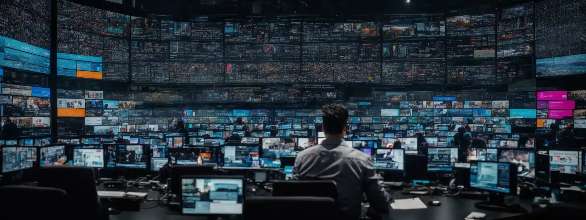 A Strategist Views A Massive Wall Of Digital Screens Displaying Social Media Analytics And Trends Across Various Platforms.