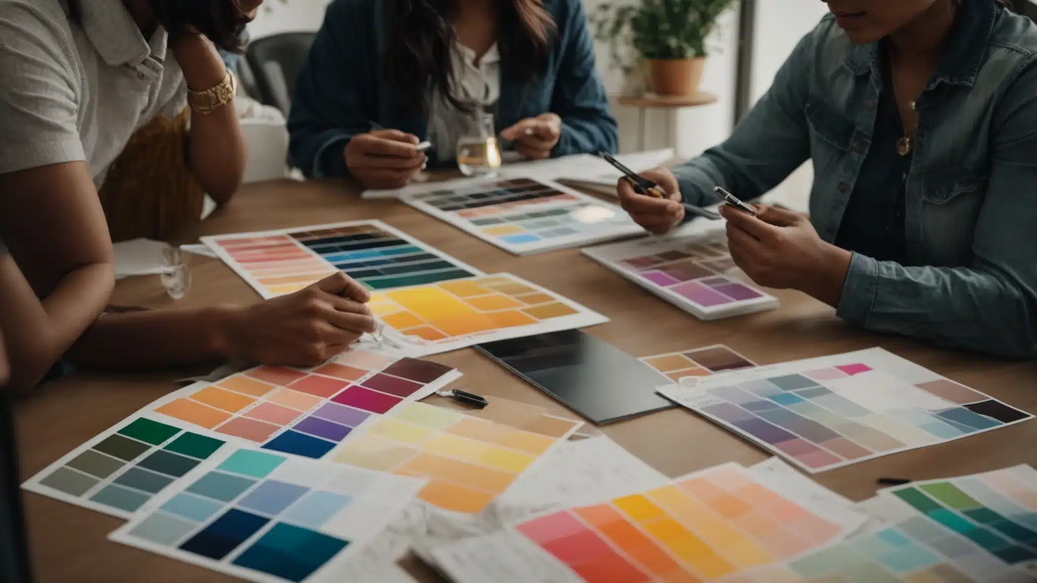 A Creative Team Brainstorming Around A Table With Branding Mock-Ups And Color Palettes.