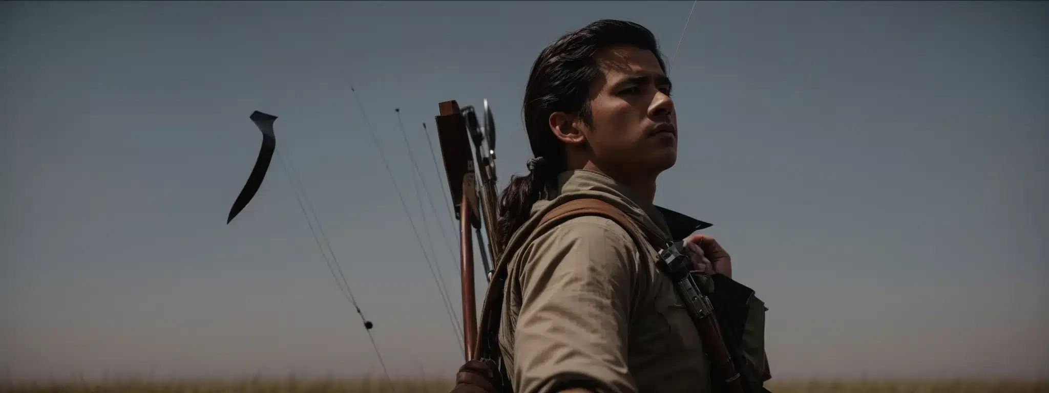 An Archer Poised With A Bow, Gazing Intently At A Distant Target Under A Vast, Open Sky.