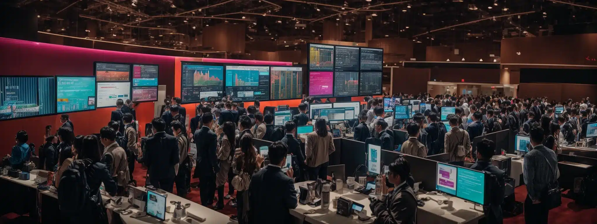 A Bustling Digital Marketing Conference Booth With Various Screens Displaying Colorful Graphs And Click-Through Rate Metrics.