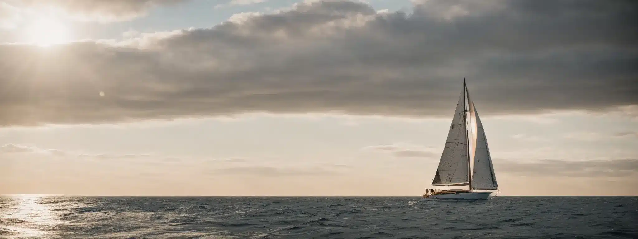 A Sailboat Embarks On A Journey Towards A Distant, Sunlit Horizon Over The Open Sea.