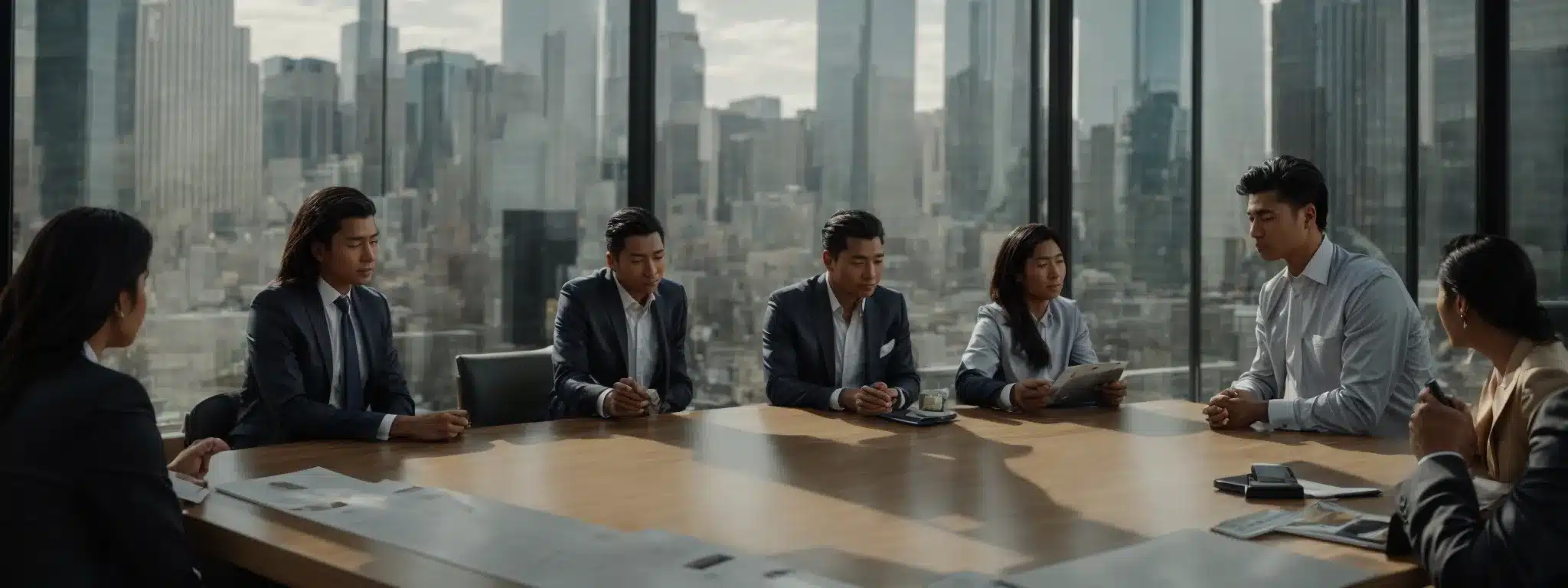 A Business Team Gathered Around A Strategy Board, While Bustling City Life Flows In The Background Through A Large Window.