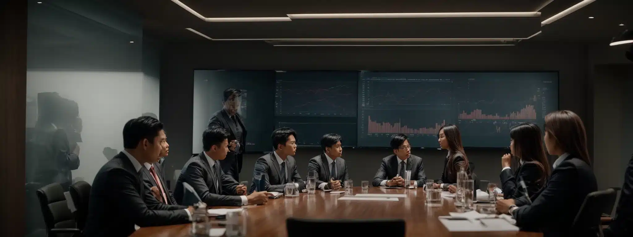 A Boardroom Meeting In Progress With Marketing Professionals Discussing Strategies Around A Table With Graphs And Charts Displayed On A Screen.