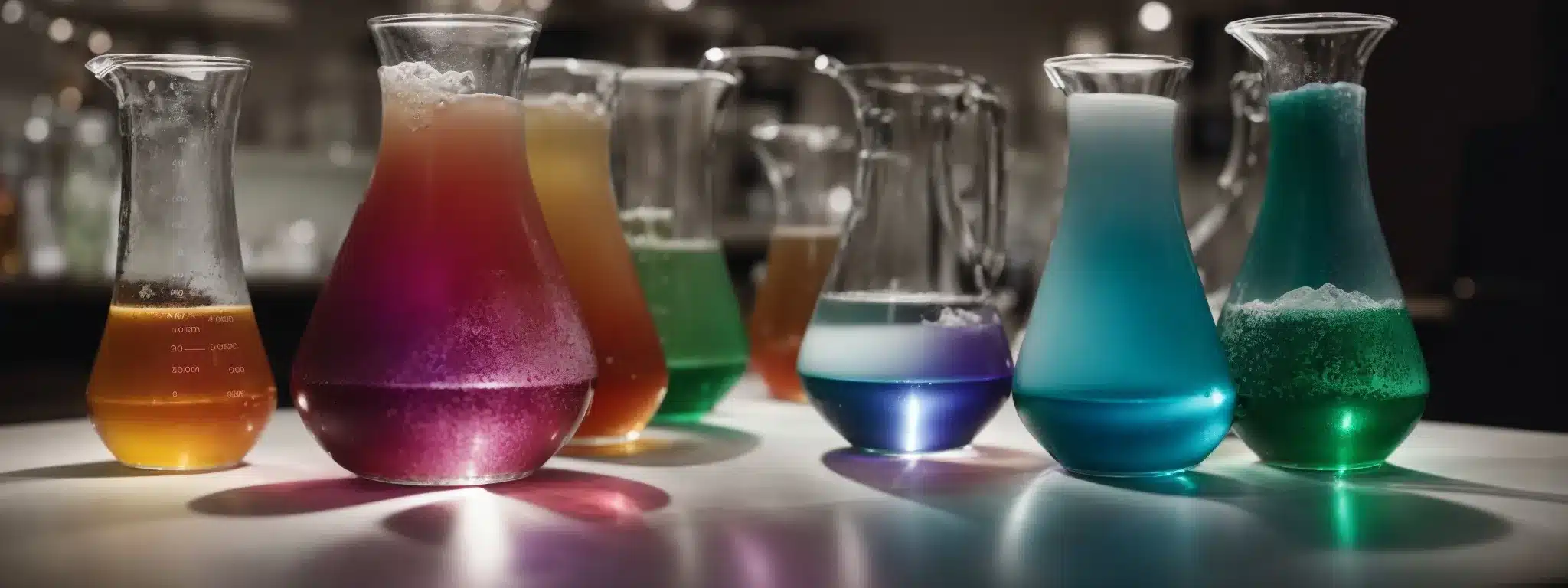Several Beakers Filled With Colored Liquids Sit Atop A Lighted Table, Hinting At The Meticulous Process Of Analyzing And Deciphering Brand Value Through Quantitative Analysis.