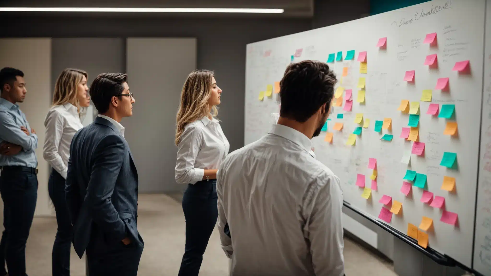 A Group Of Focused Marketers Brainstorming Around A Whiteboard With Colorful Sticky Notes And Diagrams Illustrating Brand Value Elements.