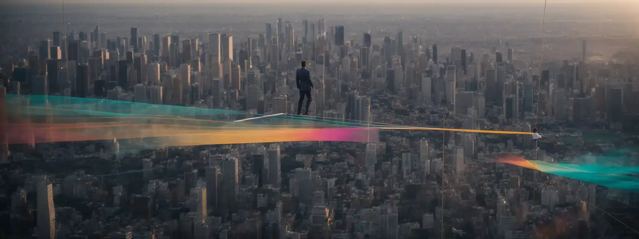 A Marketer Balances On A Tightrope Above A Digital Cityscape, Focusing Intently On A Floating Screen Displaying Colorful Analytics Charts.