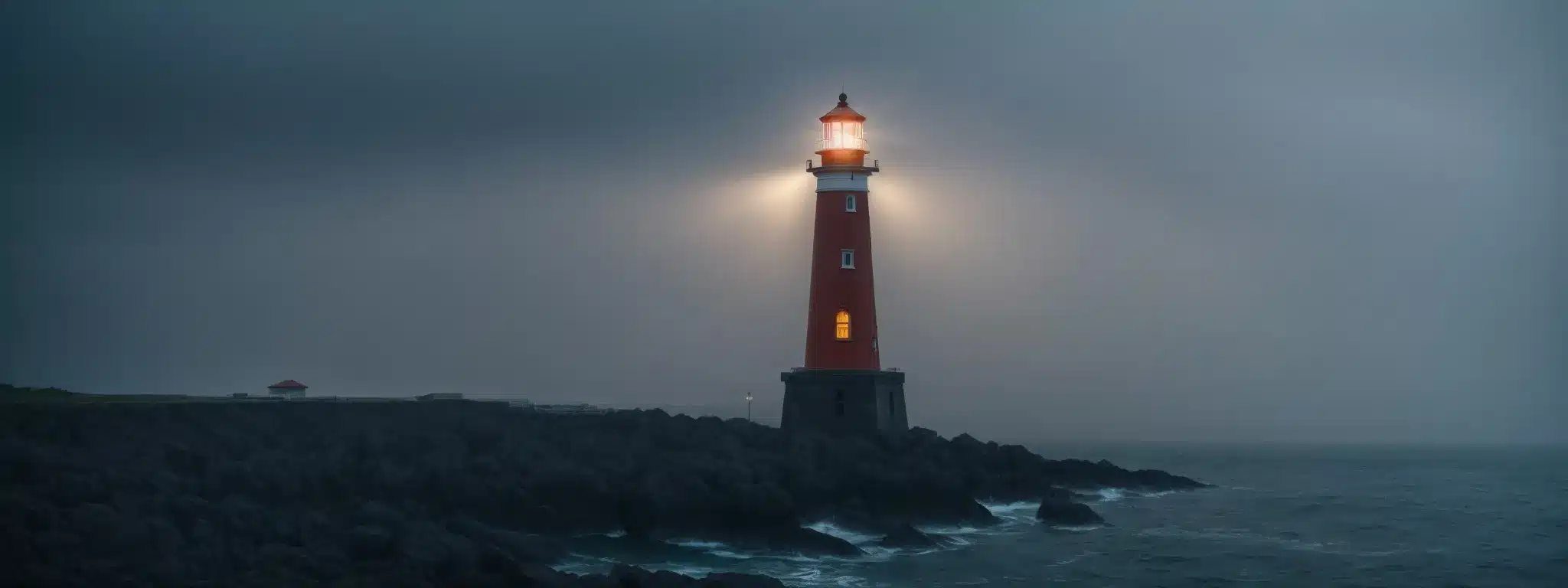 A Lighthouse Stands Resilient Along The Coastline, Its Beam Cutting Through The Foggy Night, Symbolizing Guidance And Endurance.