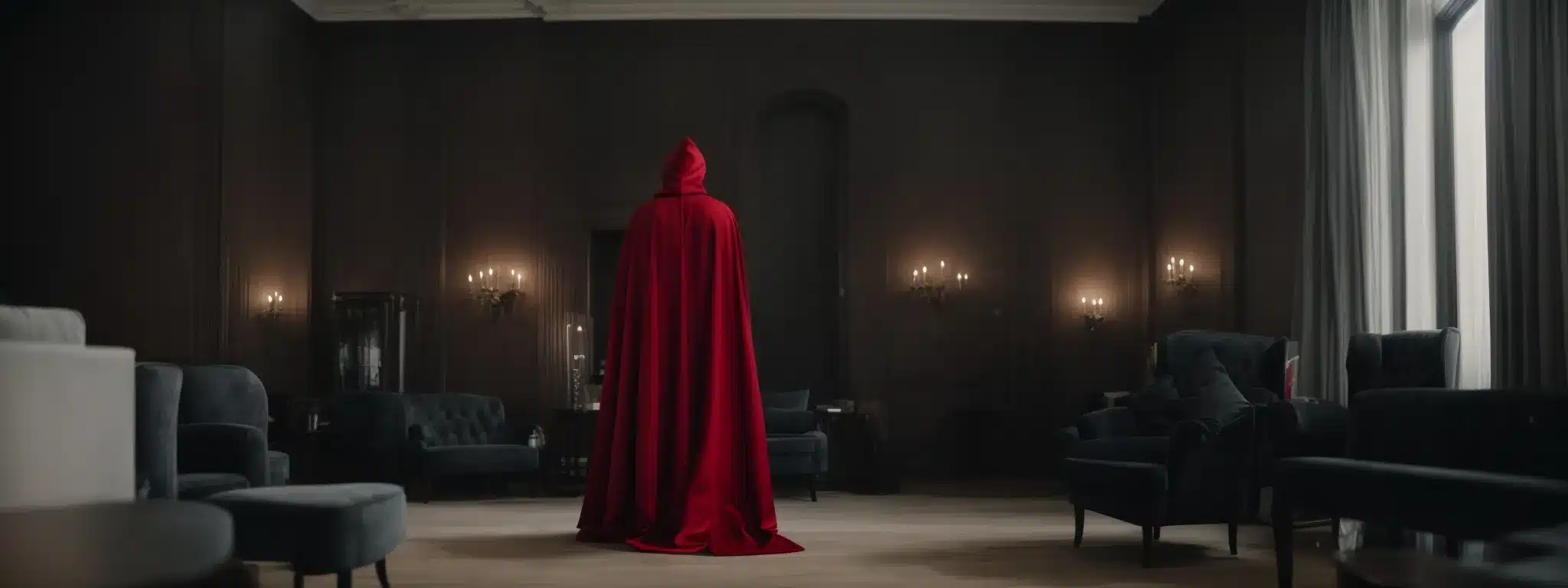 A Vibrant Red Cape Stands Out In A Room Full Of Indistinct Grey Suits.