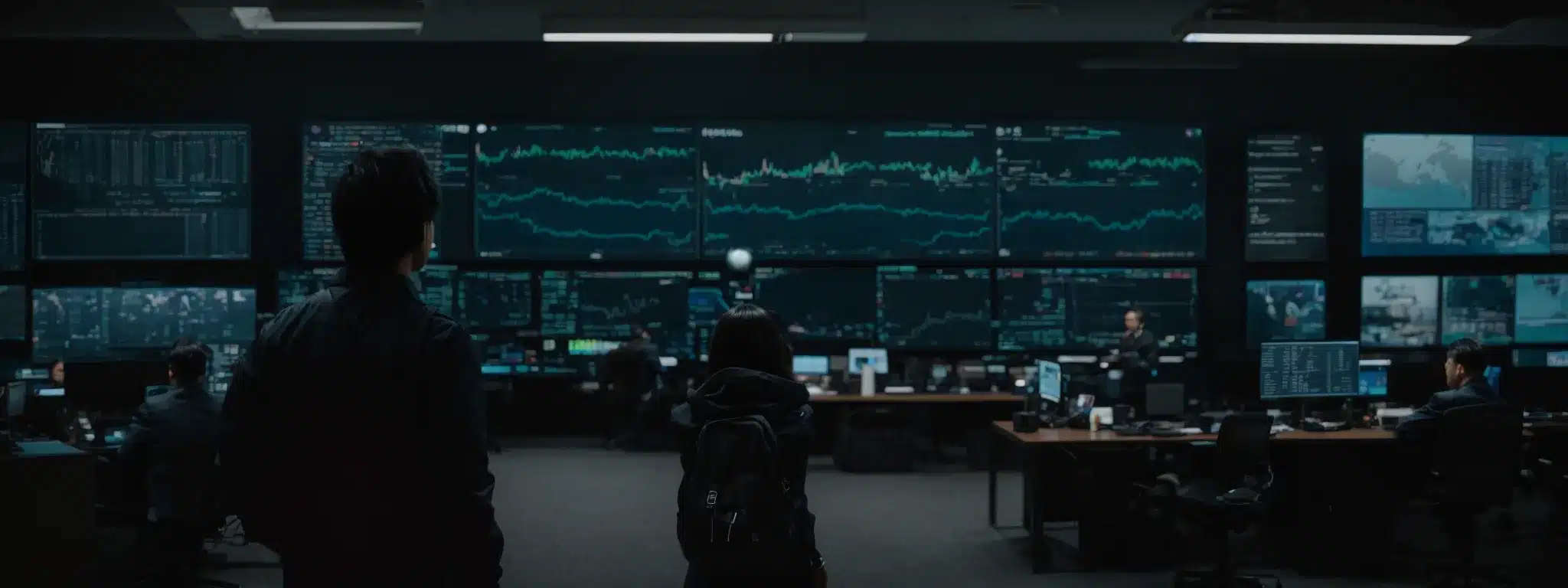 A Strategist Stands Before A Bustling Social Media Command Center, Monitoring Live Engagement Data On Large Screens.