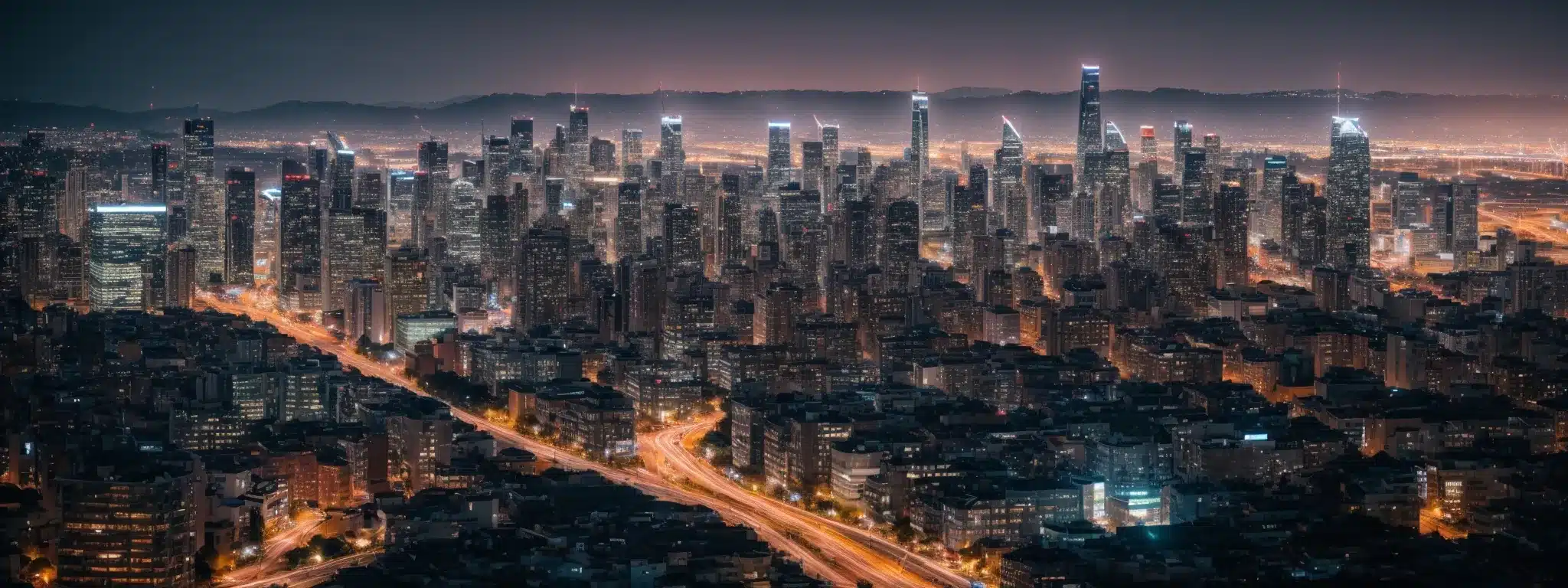A Panoramic View Of A Modern City Skyline At Dusk, With Glowing Lights Symbolizing The Interconnectedness Of A Dynamic Digital Marketing Ecosystem.