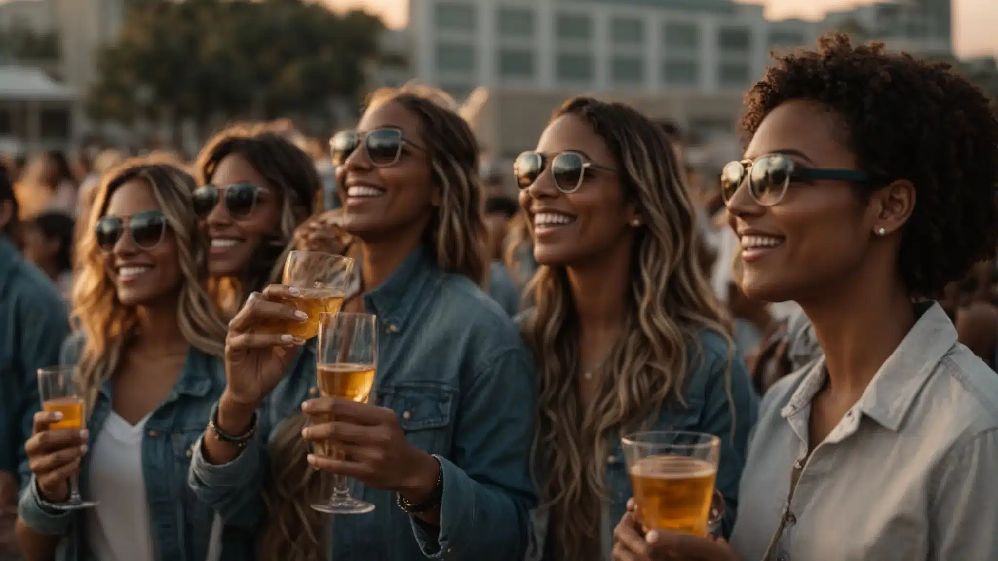 A Group Of Diverse Smiling People Wearing Branded Apparel And Raising Their Glasses In A Toast During A Sunset Outdoor Event.