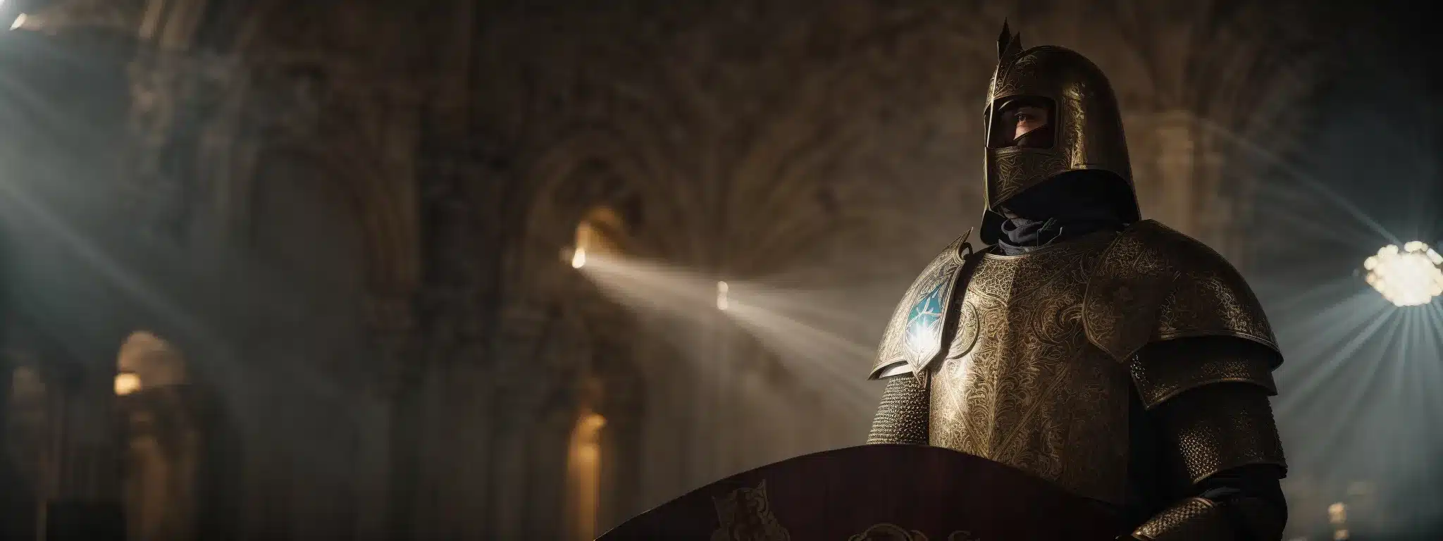 A Knight In Resplendent Armor Holding Up A Shield Emblazoned With Unique Symbols, Standing Under A Focused Beam Of Light.