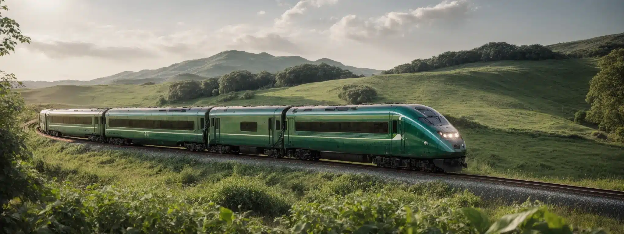 A Train Glides Along A Track Through A Verdant Landscape, Symbolizing The Innovation Journey In Product Development.