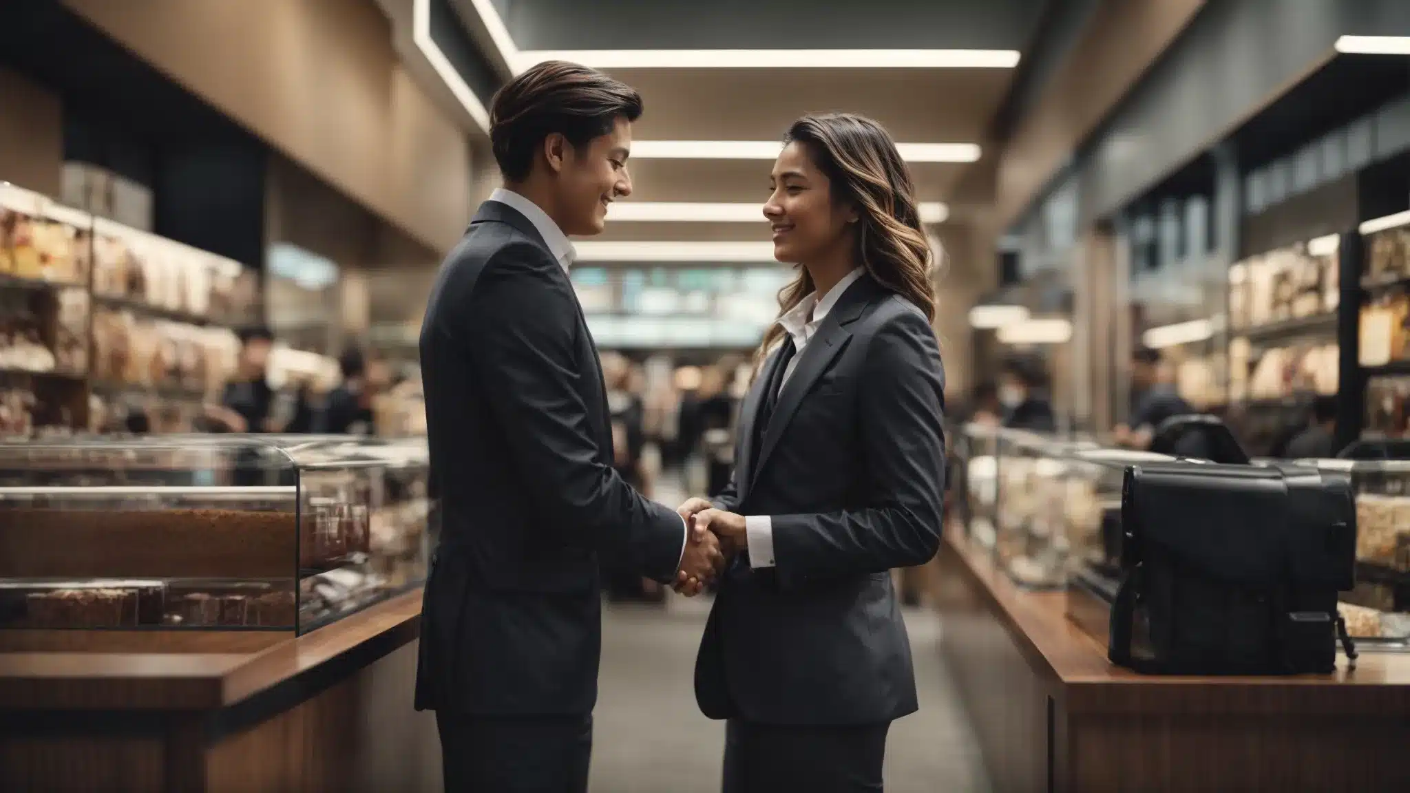 A Businessperson Shaking Hands With A Satisfied Client Against The Backdrop Of A Bustling Retail Store.