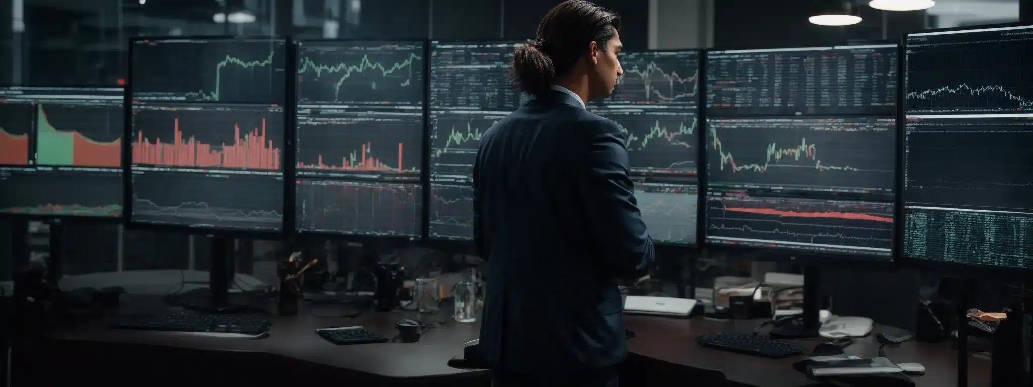 A Marketer Standing Before An Array Of Monitors Displaying Graphs, Charts, And Market Trends While Taking Notes.