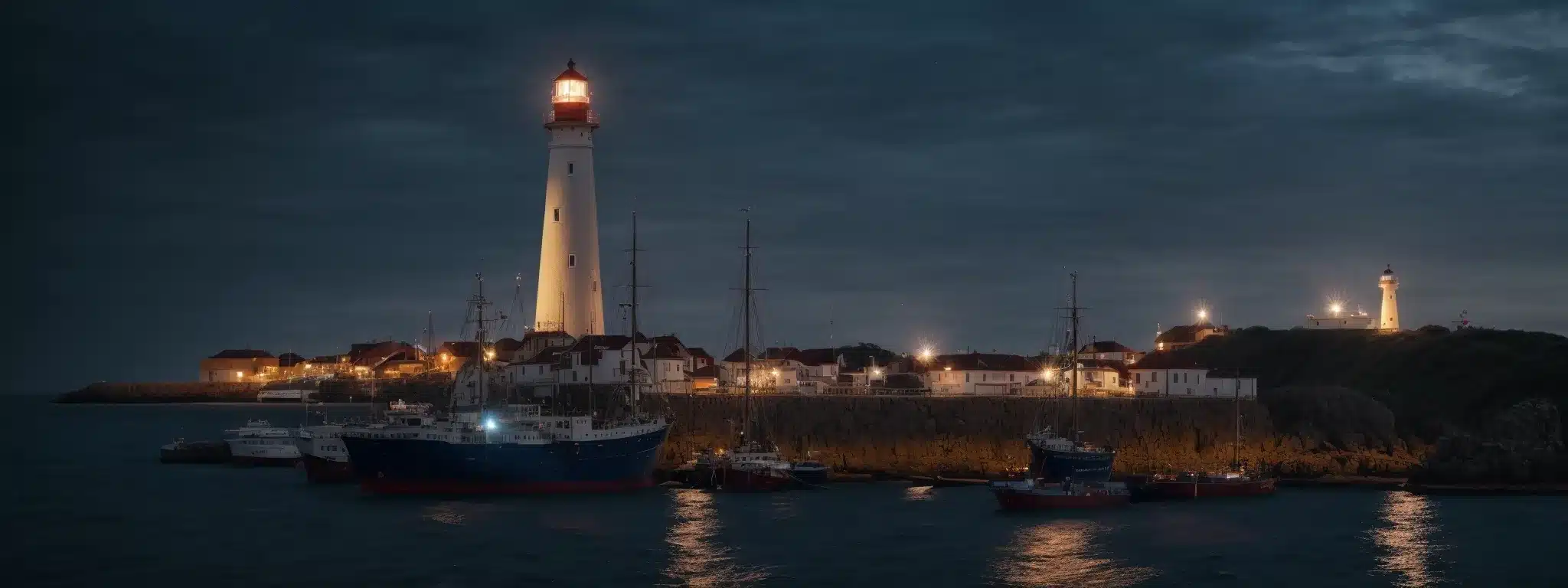A Lighthouse Piercing The Night Sky Above A Bustling Port, Guiding Ships Through A Sea Dotted With Sailing Vessels.